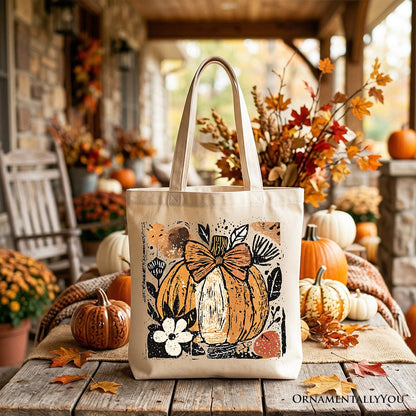 Pumpkin Fall Floral Tote Bag, Thanksgiving Coquette Bow Gift Shopper