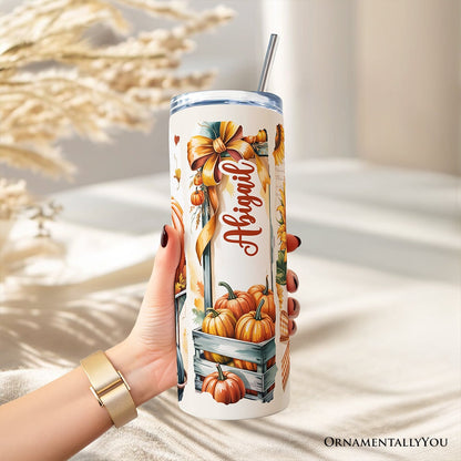 Pumpkin Season 20oz Personalized Tumbler With Lid and Stainless Steel Straw, Fall Sunflower Coquette Bow Autumn Gift Cup