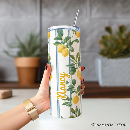 Refreshing Lemon Branches 20oz Personalized Tumbler With Lid and Stainless Steel Straw, Summer Citrus Pattern Gift Cup
