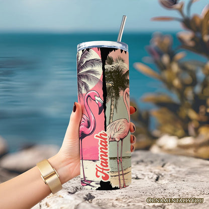 Retro Flamingo Beach 20oz Personalized Tumbler With Lid and Stainless Steel Straw, Summer Vacation Sunset Gift Cup