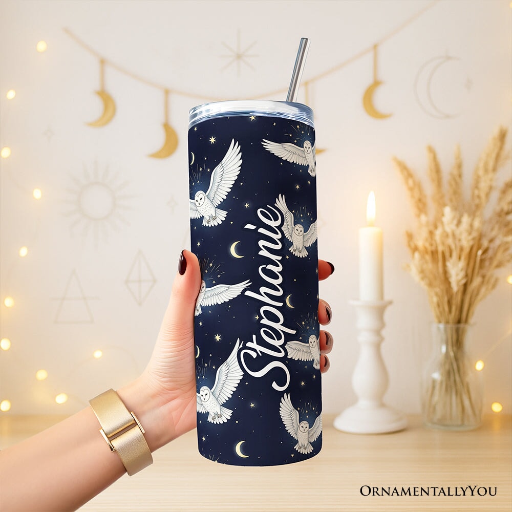 Snowy Owl Under Moon and Stars 20oz Personalized Tumbler With Lid and Stainless Steel Straw, Enchanted Navy Night Sky Gift Cup
