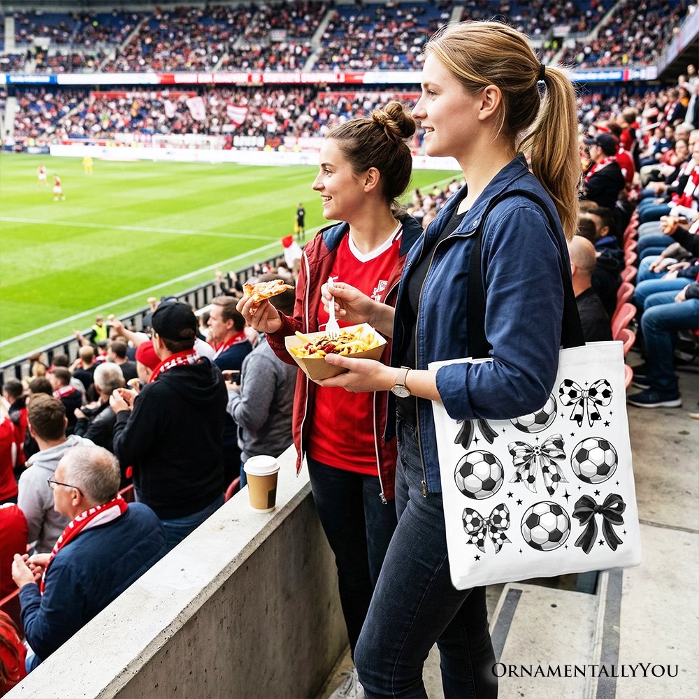Soccer Balls Coquette Bows Tote Bag, Sports Mom Gift Shopper