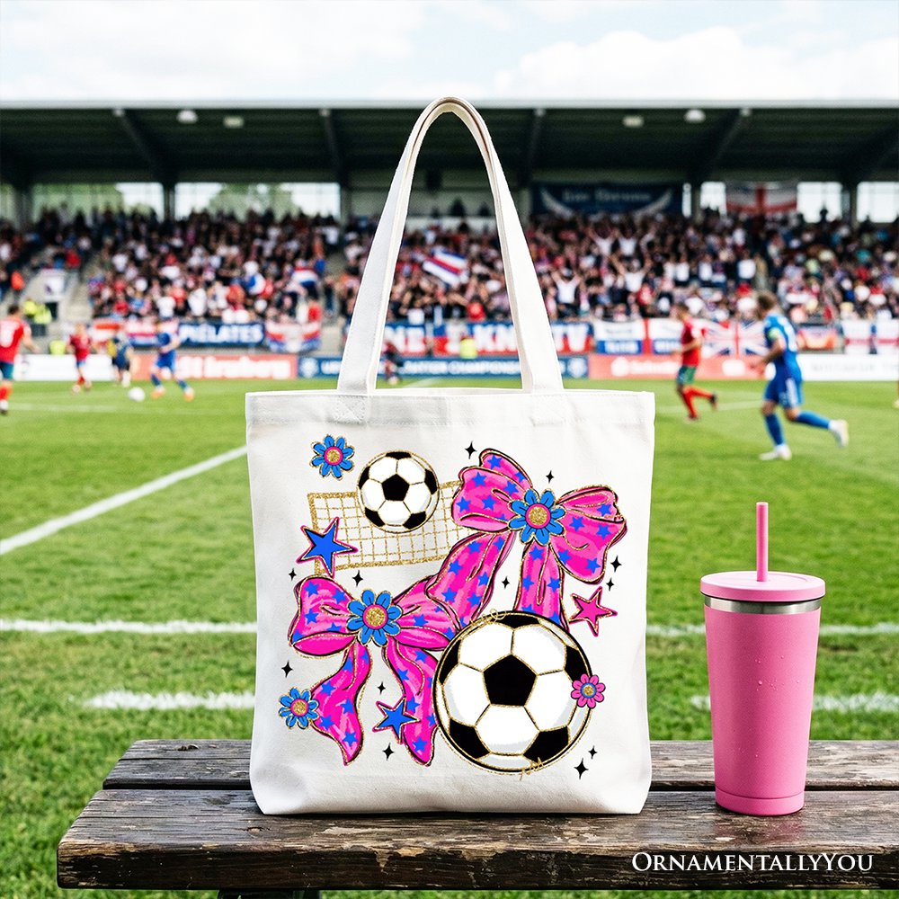 Soccer Coquette Pink Bow Tote Bag, Preppy Game Day Gift Shopper