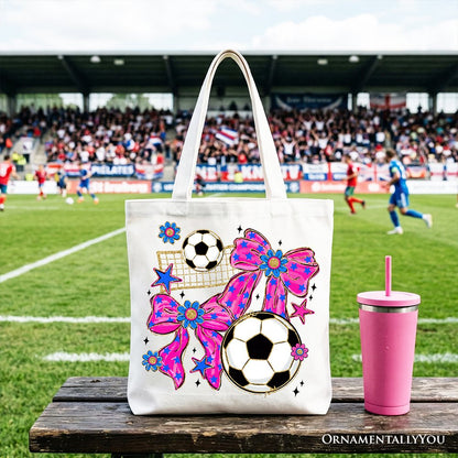 Soccer Coquette Pink Bow Tote Bag, Preppy Game Day Gift Shopper