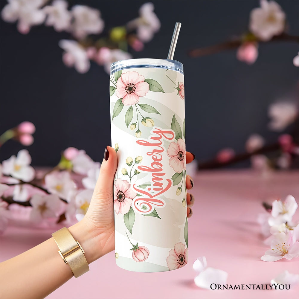 Soft Pink Wildflower 20oz Personalized Tumbler With Lid and Stainless Steel Straw, Elegant Floral Pattern Gift Cup