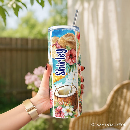 Summer Vibes 20oz Personalized Tumbler With Lid and Stainless Steel Straw, Brushstrokes Beach with Coconut and Flowers Gift Cup