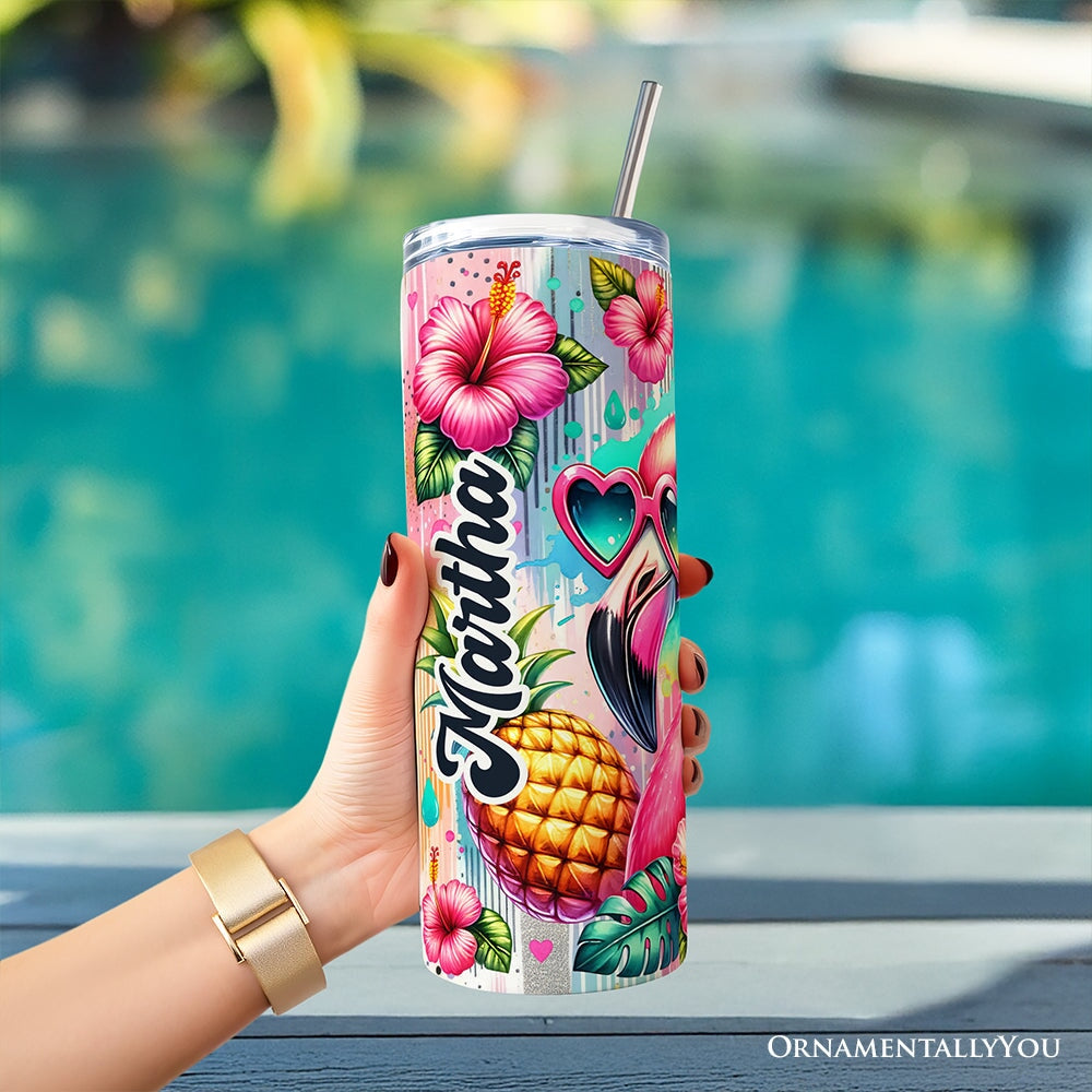 Tropical Flamingo Pineapple Hibiscus 20oz Personalized Tumbler With Lid and Stainless Steel Straw, Colorful Summer Bird Gift Cup