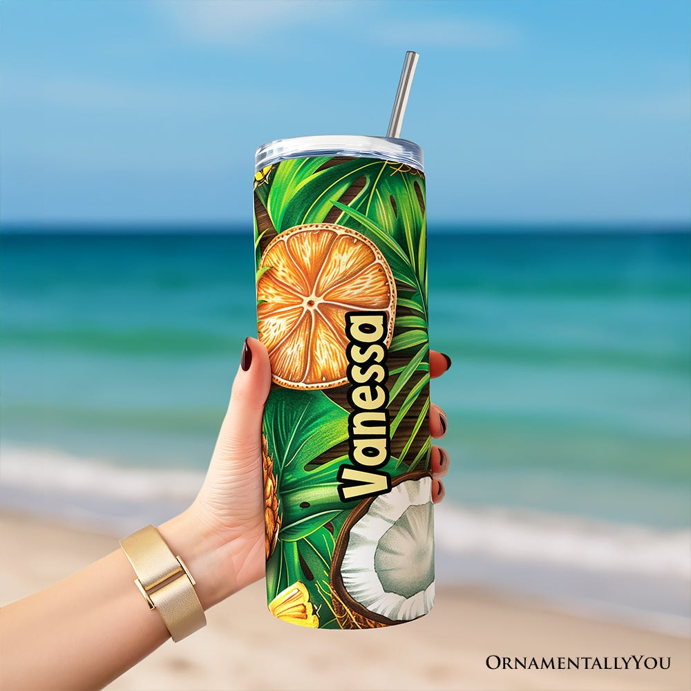 Tropical Pineapple, Citrus and Coconut 20oz Personalized Tumbler With Lid and Stainless Steel Straw, Exotic Summer Fruit Gift Cup