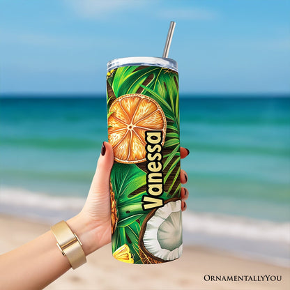 Tropical Pineapple, Citrus and Coconut 20oz Personalized Tumbler With Lid and Stainless Steel Straw, Exotic Summer Fruit Gift Cup