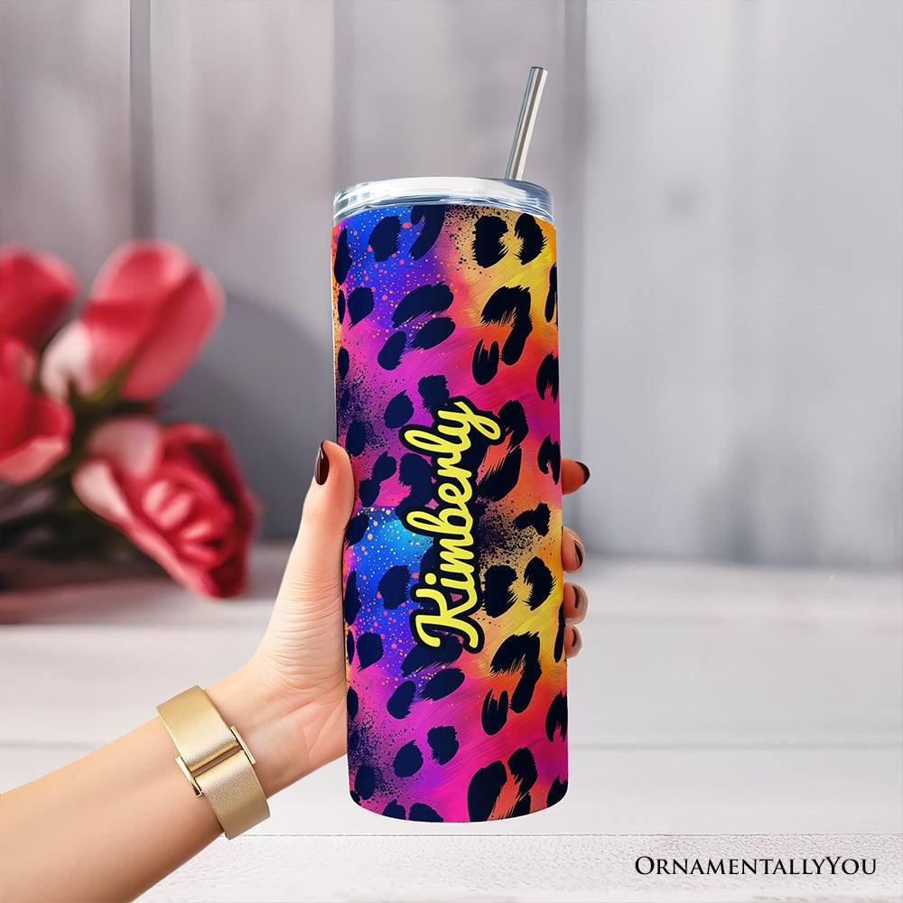 Vibrant Neon Leopard Print 20oz Personalized Tumbler With Lid and Stainless Steel Straw, Retro Rainbow Animal Pattern Gift Cup
