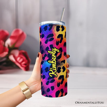 Vibrant Neon Leopard Print 20oz Personalized Tumbler With Lid and Stainless Steel Straw, Retro Rainbow Animal Pattern Gift Cup