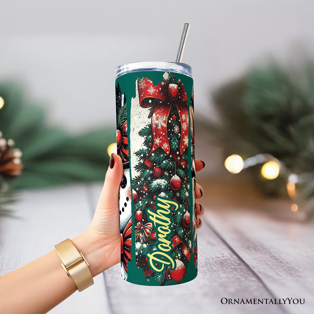 Vintage Tree, Reindeer, Santa and Snowman 20oz Personalized Tumbler With Lid and Stainless Steel Straw, Green Christmas Brushstrokes Gift Cup