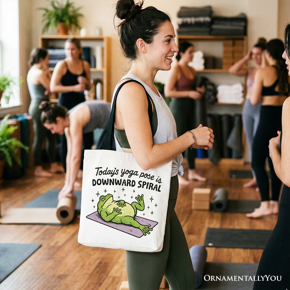 Yoga Frog Downward Spiral Tote Bag, Funny Mental Health Humor Gift Shopper