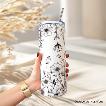 White and Black Wild Flowers Tumbler With Lid and Stainless Steel Straw, Beautiful Spring Travel Mug Gift