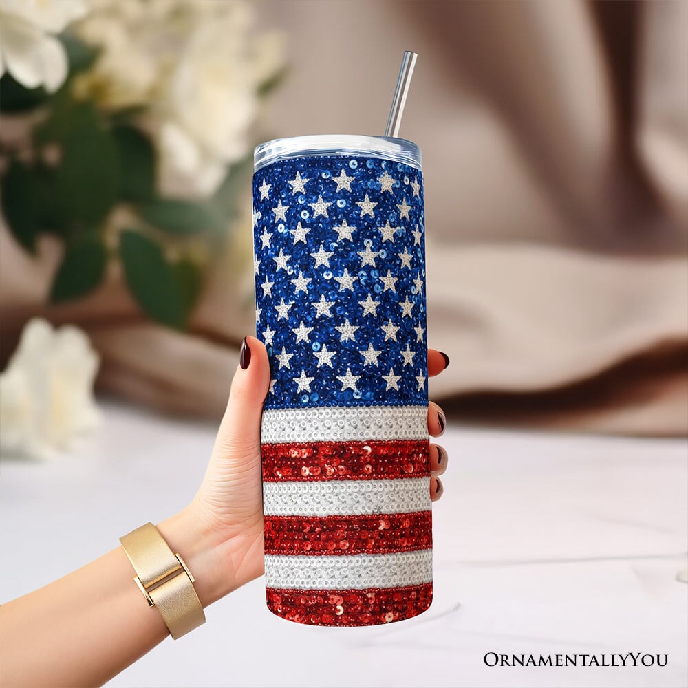 American Flag Sequin Print 20oz Personalized Tumbler With Lid and Stainless Steel Straw, Patriotic USA Stars and Stripes Gift Cup