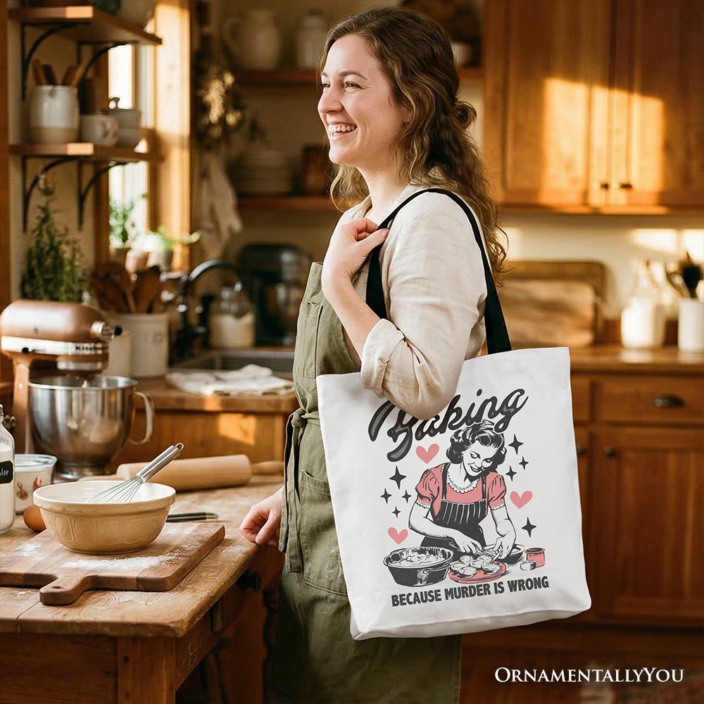Baking Because Murder Is Wrong Anti-Valentine Tote Bag, Funny Retro Kitchen Gift Shopper