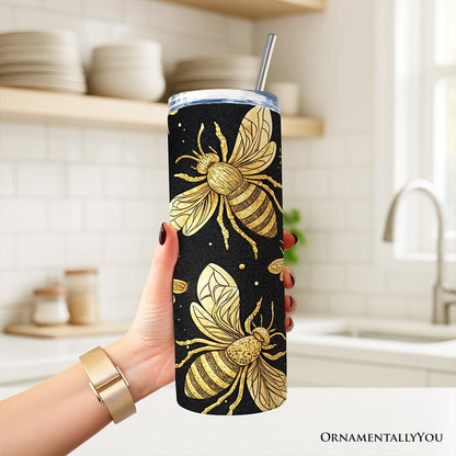 Black and Gold Bee Pattern 20oz Personalized Tumbler With Lid and Stainless Steel Straw, Elegant Apiarist Gift Cup