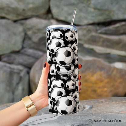Black and White Soccer Ball 20oz Personalized Tumbler With Lid and Stainless Steel Straw, Football Sports Print Gift Cup