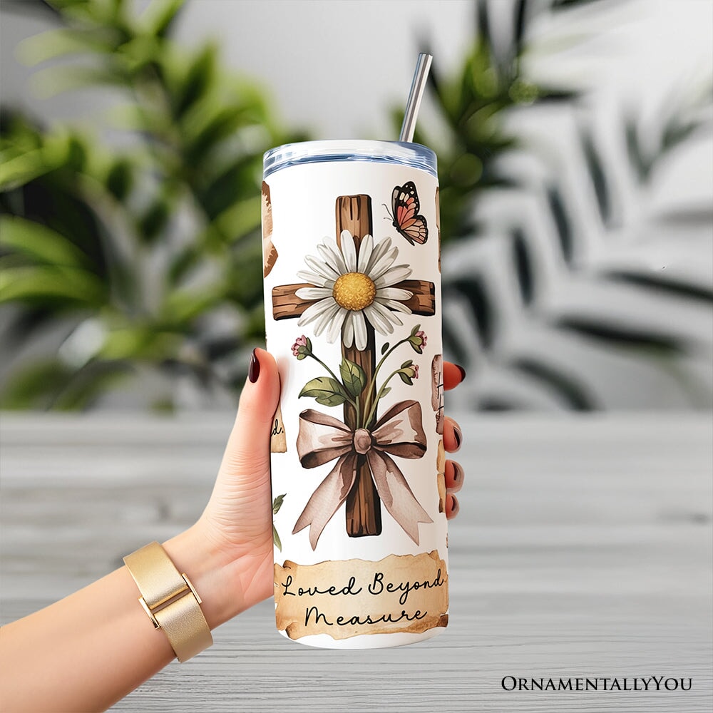 Boho Christian Cross 20oz Personalized Tumbler With Lid and Stainless Steel Straw, Vintage Floral Quotes Gift Cup