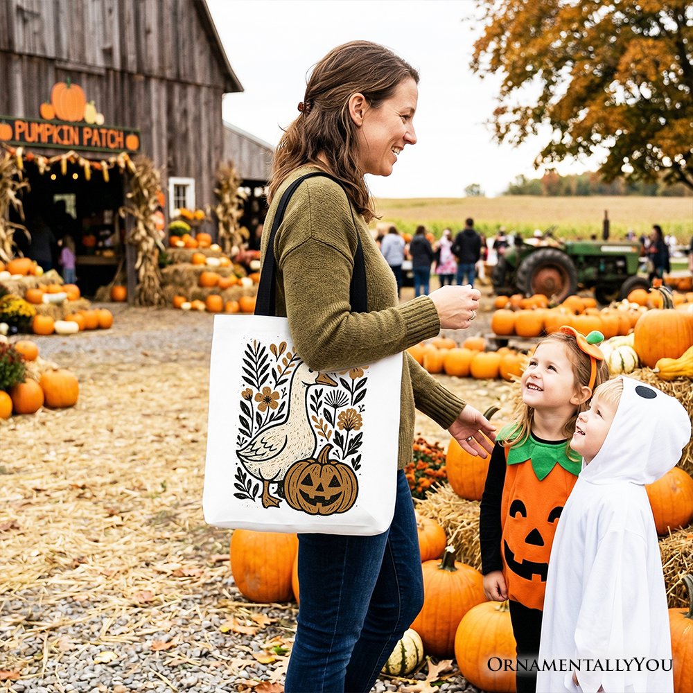 Boho Goose Halloween Pumpkin Tote Bag, Spooky Fall Floral Gift Shopper