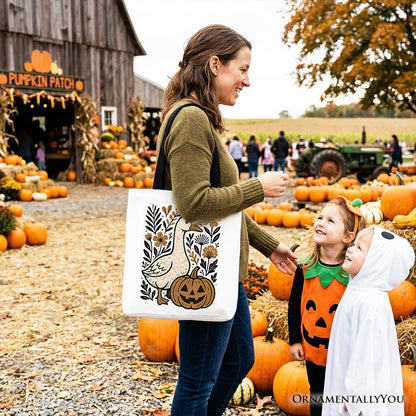 Boho Goose Halloween Pumpkin Tote Bag, Spooky Fall Floral Gift Shopper