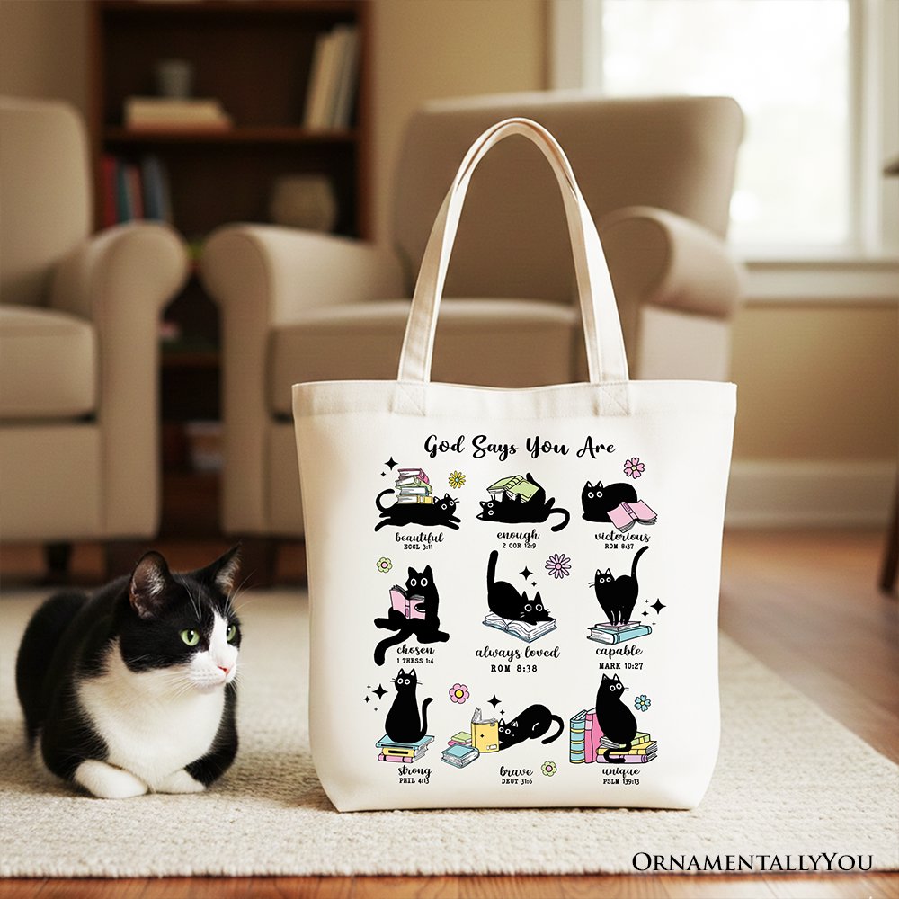 Book Cat God Says I Am Tote Bag, Christian Bible Verse Faith Gift Shopper