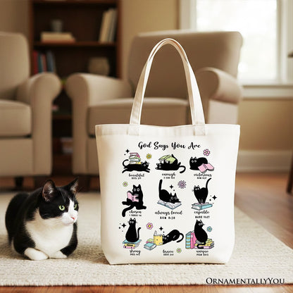 Book Cat God Says I Am Tote Bag, Christian Bible Verse Faith Gift Shopper