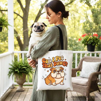 Can I Pet That Dawg Bulldog Retro Tote Bag, Cute Funny Dog Lover Gift Shopper