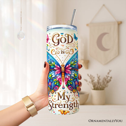 Christian Butterfly Floral 20oz Personalized Tumbler With Lid and Stainless Steel Straw, God Is My Strength Gift Cup