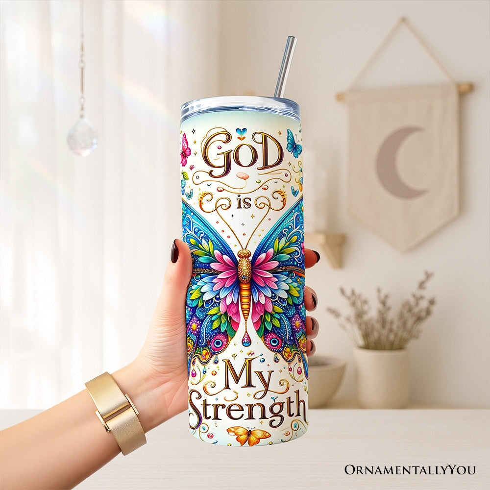 Christian Butterfly Floral 20oz Personalized Tumbler With Lid and Stainless Steel Straw, God Is My Strength Gift Cup