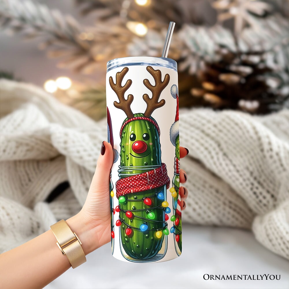 Christmas Pickles 20oz Personalized Tumbler With Lid and Stainless Steel Straw, Festive Holiday Cucumber Gift Cup