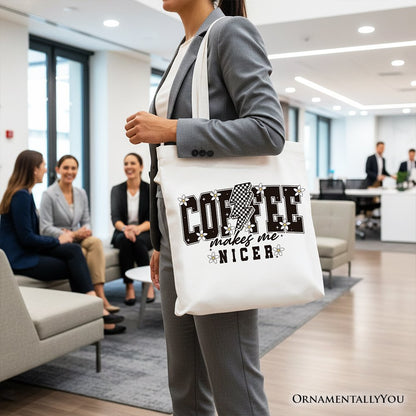 Coffee Makes Me Nicer Retro Tote Bag, Trendy Gift Shopper for Stylish Women and Caffeine Lovers