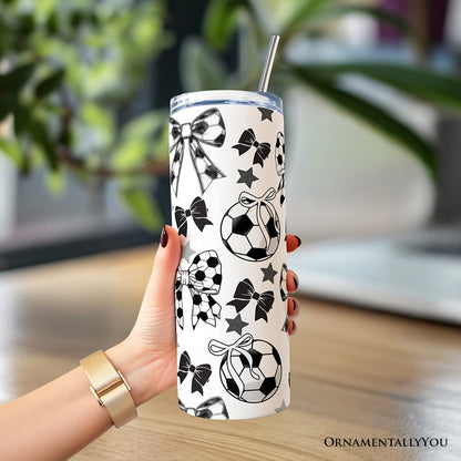 Coquette Black and White Soccer Bow 20oz Personalized Tumbler With Lid and Stainless Steel Straw, Sporty Girls Pattern Gift Cup