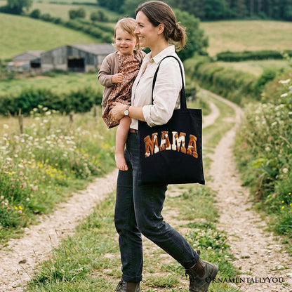 Cow Print Mama Western Tote Bag, Faux Cowhide Mom Gift Shopper