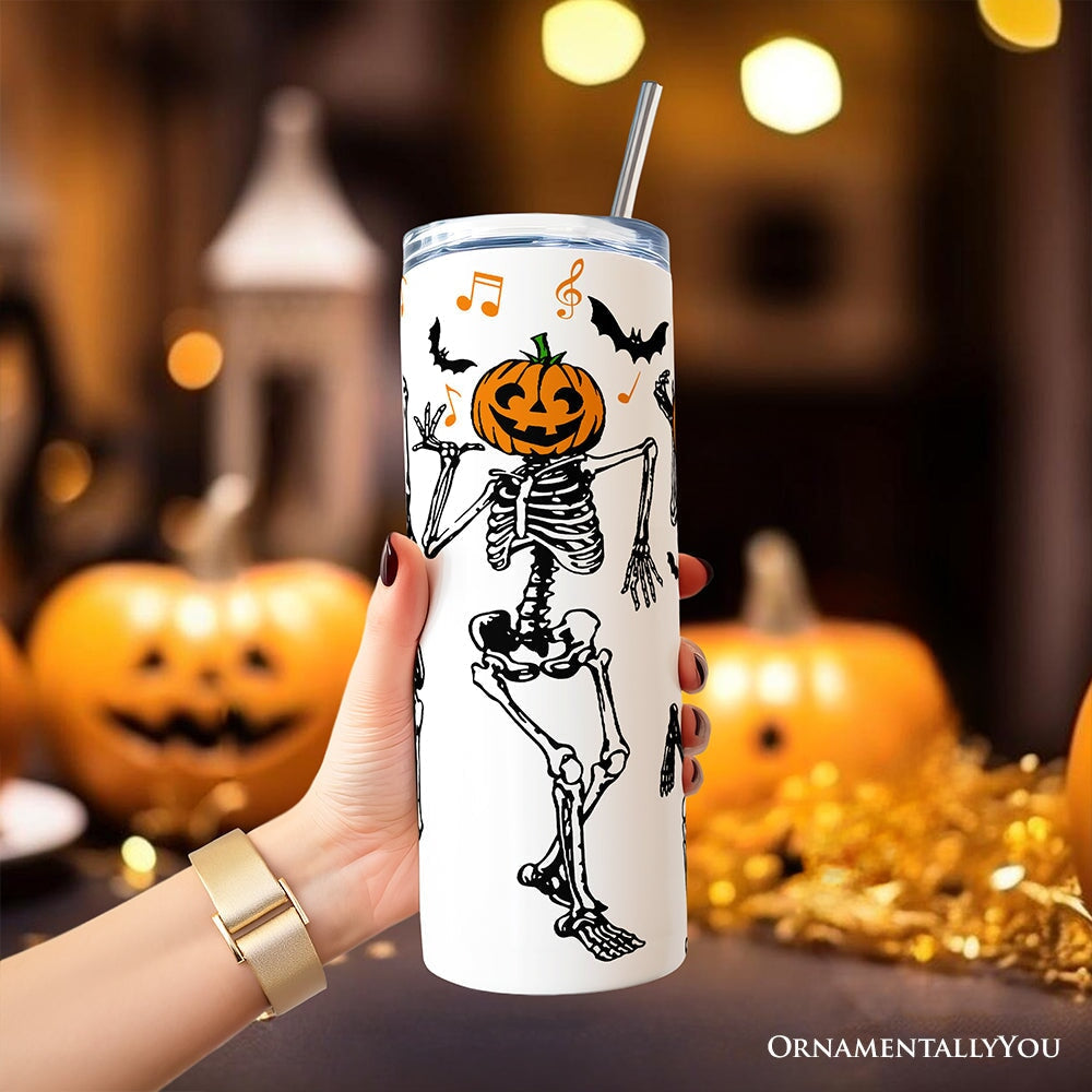 Dancing Skeletons with Pumpkin Head 20oz Personalized Tumbler With Lid and Stainless Steel Straw, Funny Dry Bones Come Alive Halloween Gift Cup