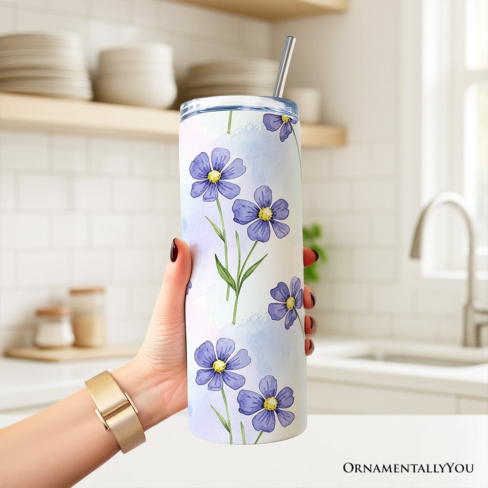 Delicate Blue Wildflowers 20oz Personalized Tumbler With Lid and Stainless Steel Straw, Soft Pastel Floral Pattern Gift Cup
