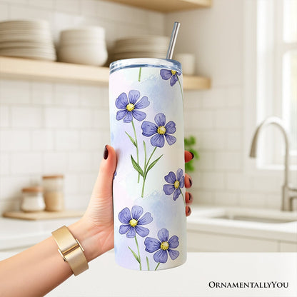 Delicate Blue Wildflowers 20oz Personalized Tumbler With Lid and Stainless Steel Straw, Soft Pastel Floral Pattern Gift Cup