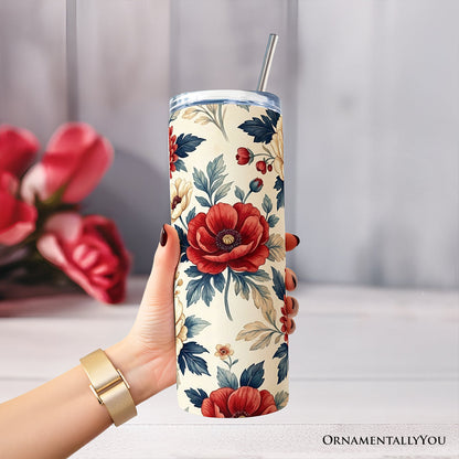 Elegant Red and Cream Flowers 20oz Personalized Tumbler With Lid and Stainless Steel Straw, Classic Floral Pattern Gift Cup