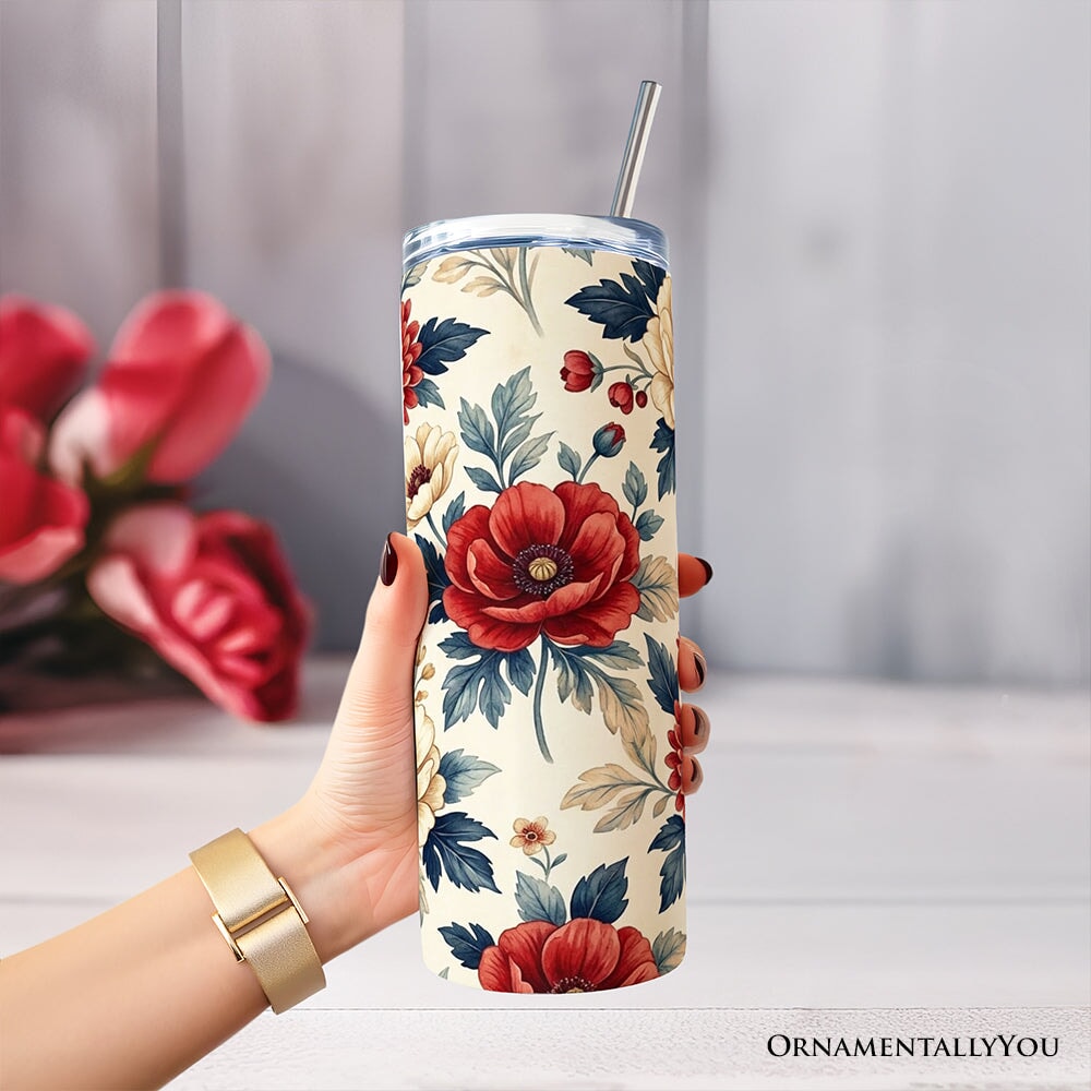 Elegant Red and Cream Flowers 20oz Personalized Tumbler With Lid and Stainless Steel Straw, Classic Floral Pattern Gift Cup