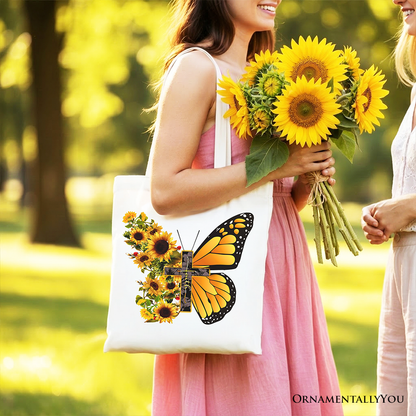 Faith Cross Butterfly Tote Bag, Christian Sunflower Floral Gift Shopper