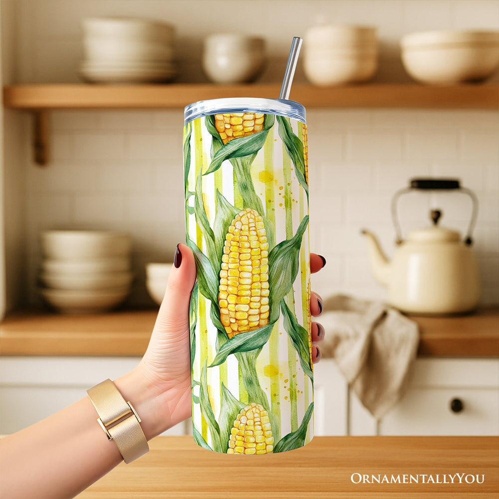 Farm Fresh Corn Pattern 20oz Personalized Tumbler With Lid and Stainless Steel Straw, Rustic Country Harvest Gift Cup