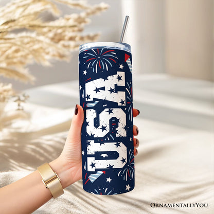Fireworks USA Block Letters 20oz Personalized Tumbler With Lid and Stainless Steel Straw, Vintage July 4th Patriotic Gift Cup
