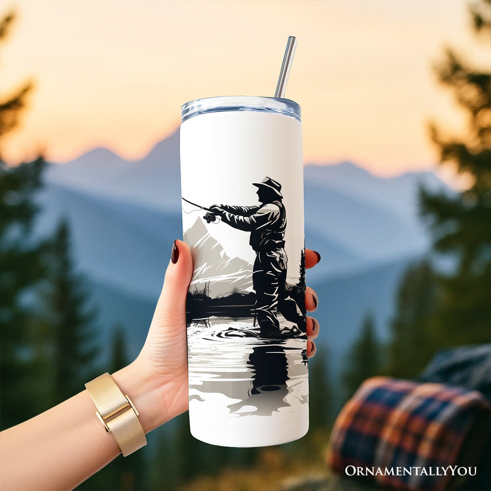 Fly Fishing Mountain Lake Scene 20oz Personalized Tumbler With Lid and Stainless Steel Straw, Angler Outdoor Adventure Gift Cup