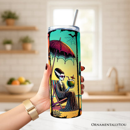 Frankenstein's Summer Beach Vacation 20oz Personalized Tumbler With Lid and Stainless Steel Straw, Retro Horror Neon Surf Gift Cup