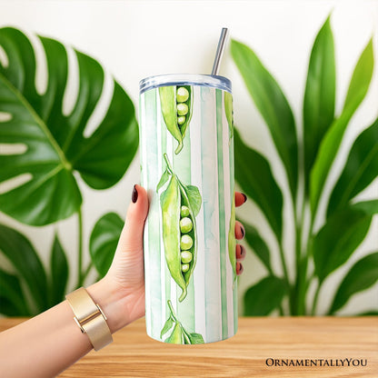 Fresh Green Pea Pod Pattern 20oz Personalized Tumbler With Lid and Stainless Steel Straw, Watercolor Garden Vegetable Gift Cup