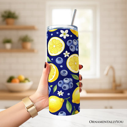 Fresh Lemon and Blueberry Pattern 20oz Personalized Tumbler With Lid and Stainless Steel Straw, Summer Citrus Fruit Gift Cup