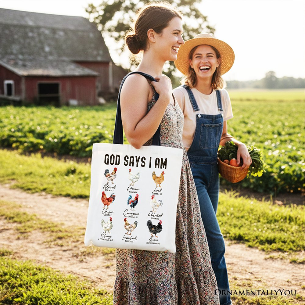 God Says I Am Christian Tote Bag, Rooster and Chicken Gift Shopper for Farm Style Lovers