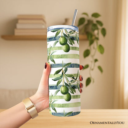 Green Olive Branch Print 20oz Personalized Tumbler With Lid and Stainless Steel Straw, Fresh Botanical Gift Cup