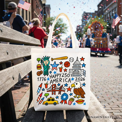 Happy 250 America Doodle Tote Bag, Patriotic USA 1776-2026 250th Anniversary Gift Shopper