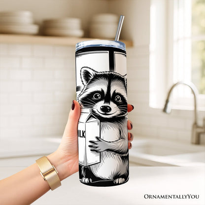 Just A Dad Who Always Came Back With The Milk 20oz Personalized Tumbler With Lid and Stainless Steel Straw, Funny Raccoon Dad Gift Cup